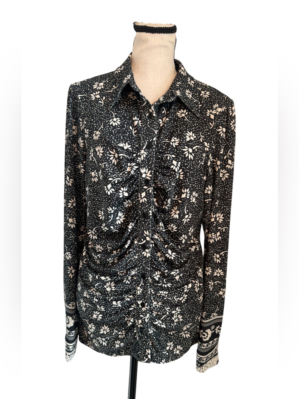 Hale Bob Los Angeles Black Floral Ruched Button Front Blouse Top Sz L